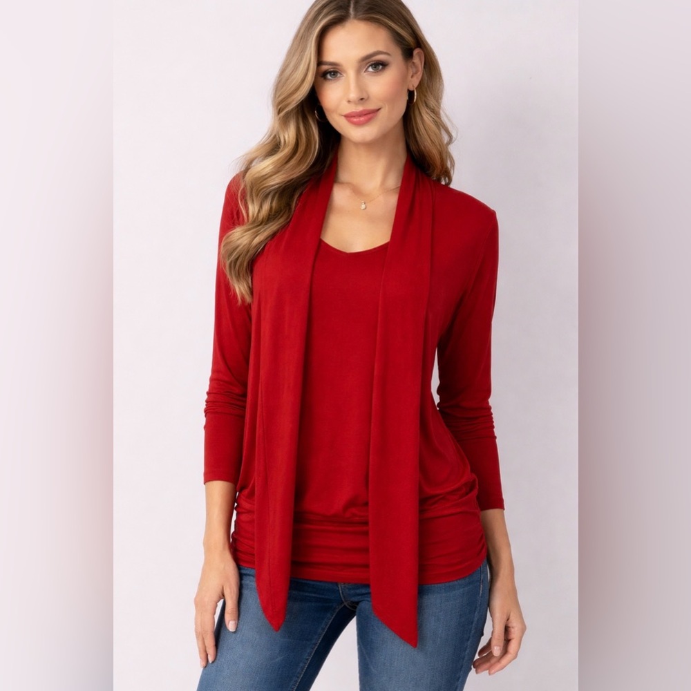 CAbi Valentine’s Day Red Drape Blouse Size Small Style #3804 Tess Tee